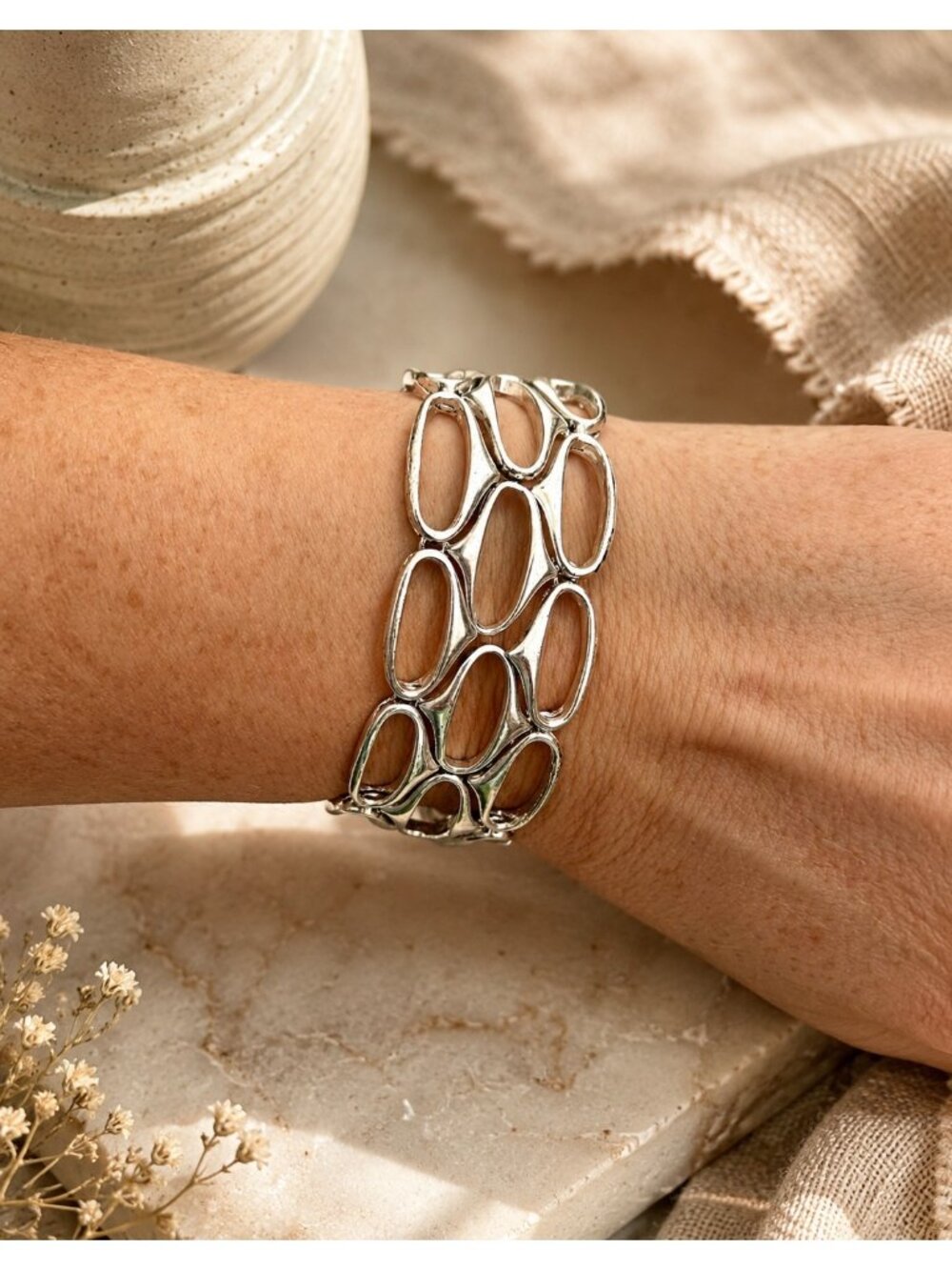 Vintage Fossil Distressed Modernist Cuff Bracelet Silvertone Openwork Link